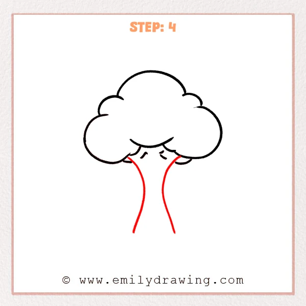how to draw a cartoon tree - A cartoon tree now has a fluffy canopy with a slim trunk drawn using two long curved lines that taper near the top and widen slightly toward the bottom.
